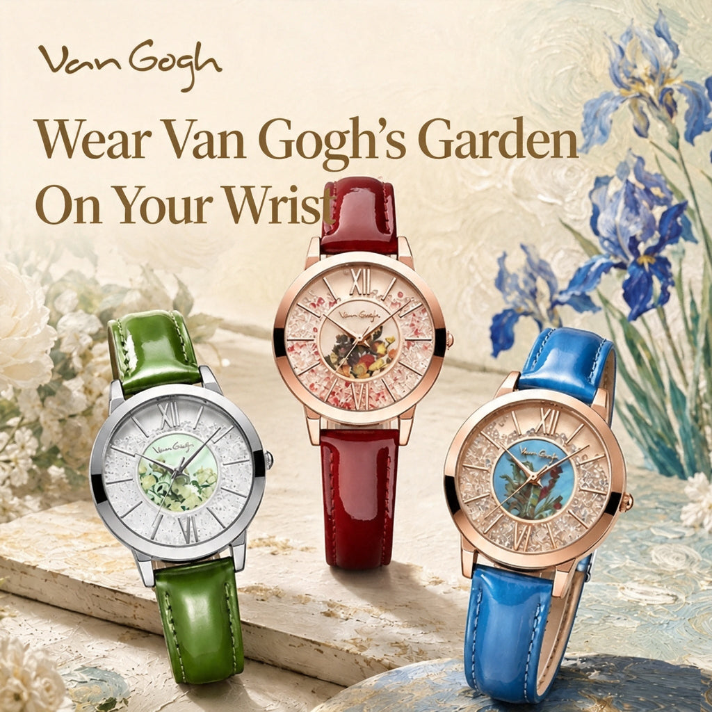 Three women's quartz artistic watches with red, green, and blue leather straps