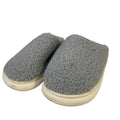 Gray fuzzy closed-toe slip-on house slippers with cream sole trim