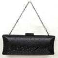 Black studded crystal clutch bag with top clasp and silver chain shoulder strap