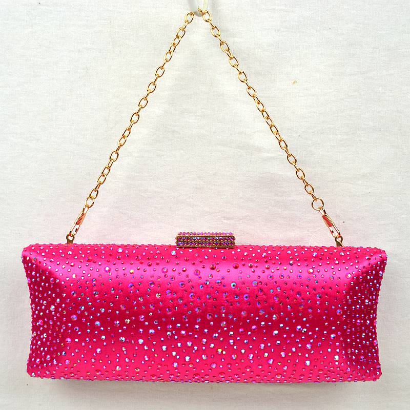Pink studded crystal clutch bag with gold-tone chain and rectangular clasp closure