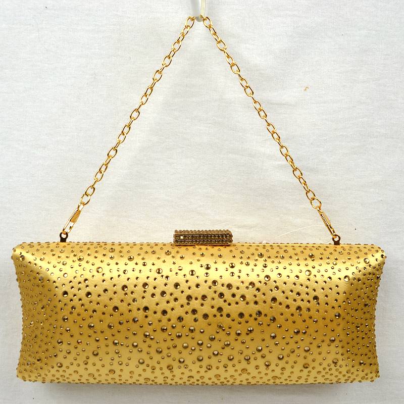 Gold studded crystal clutch bag with gold-tone chain and rectangular clasp closure