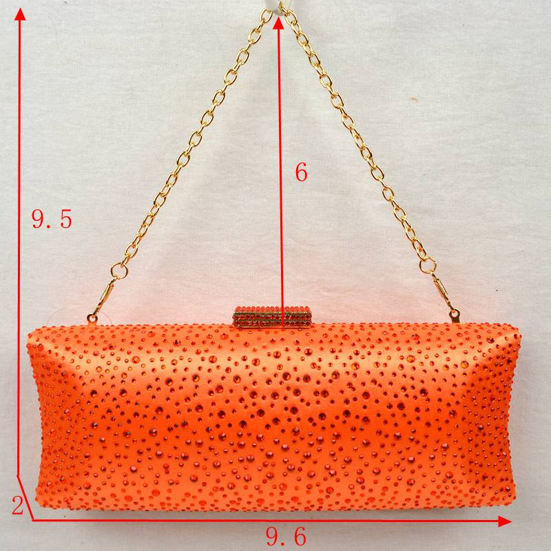 Orange studded crystal clutch bag with gold chain shoulder strap and top clasp