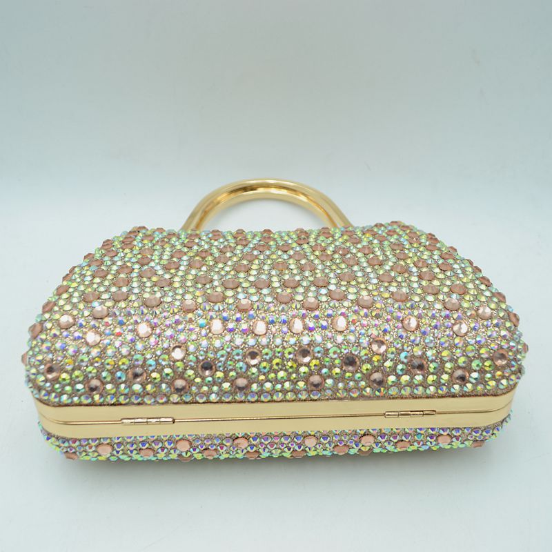Iridescent rhinestone evening clutch with gold-tone frame and top handle