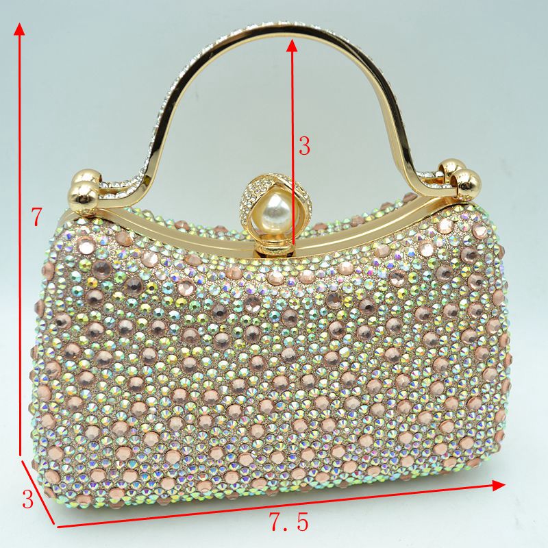 Iridescent rhinestone evening clutch with pearl clasp and gold-tone metal handle