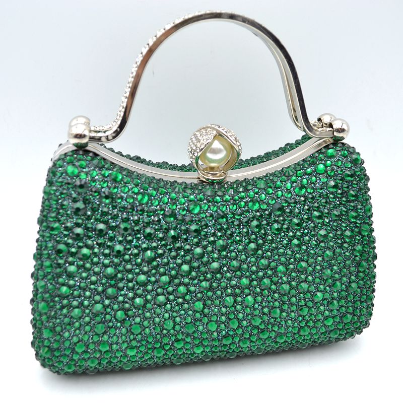 Green rhinestone evening clutch bag with pearl clasp and metal chain handle
