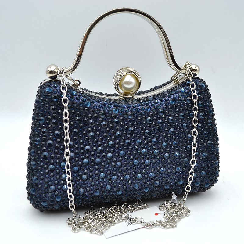 Navy rhinestone evening clutch bag with pearl clasp and metal chain handle