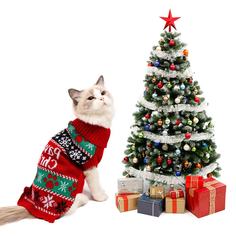 Red knit dog sweater with turtleneck, holiday fair isle pattern, and “Pawsome Christmas” text