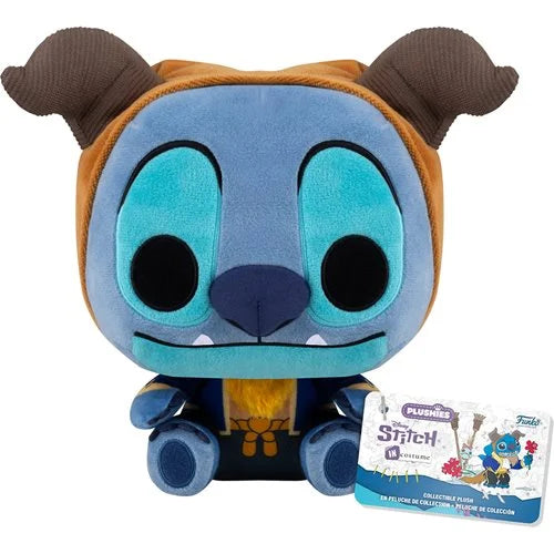 Stitch character plush toy with blue face, big black eyes, brown ears, orange trim