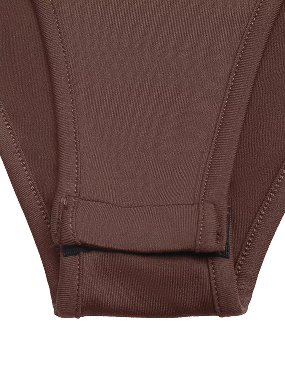 Brown bodysuit bottom with stitched snap placket and fitted leg openings