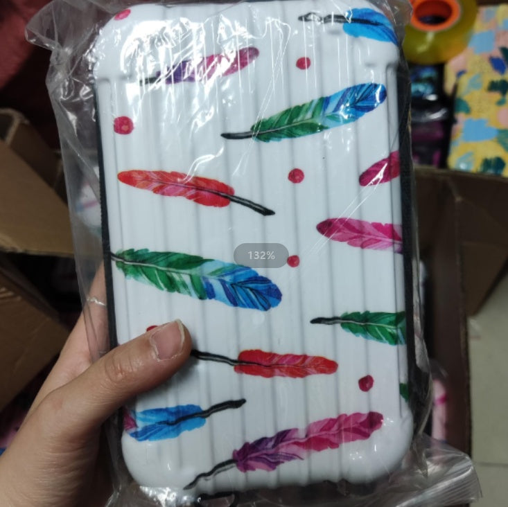 White feather-pattern cosmetic bag with zipper and colorful accents