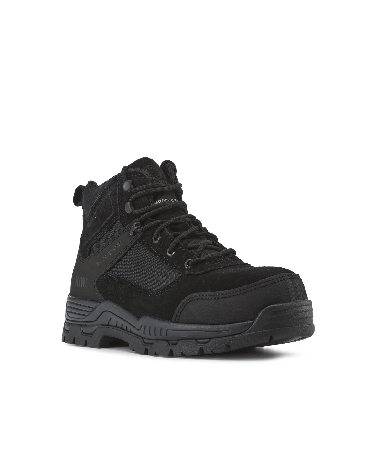 Black suede lace-up work boot with padded tongue, cushioned collar, and lug outsole