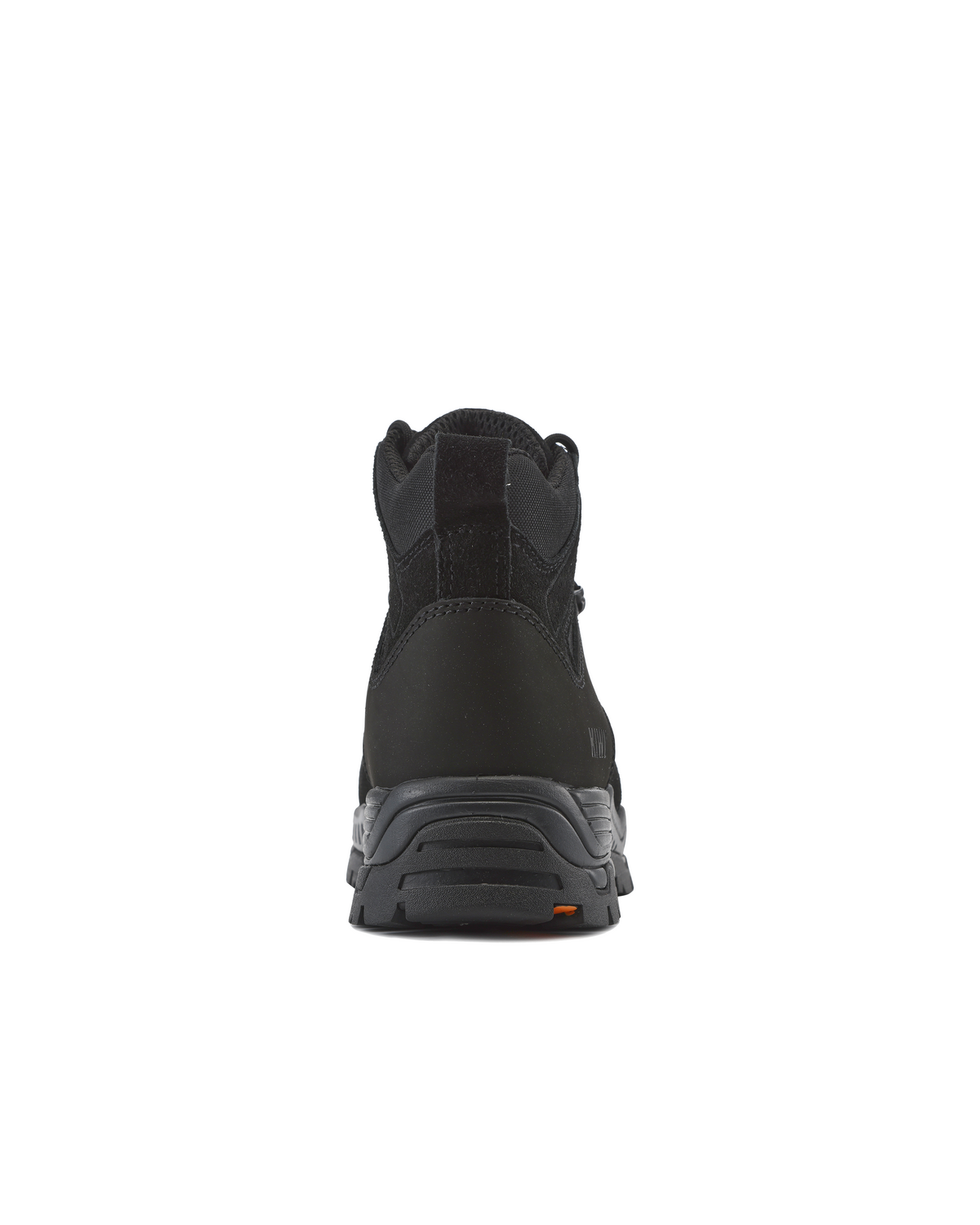 Black work boot rear view with heel cushioning and lace-up ankle design