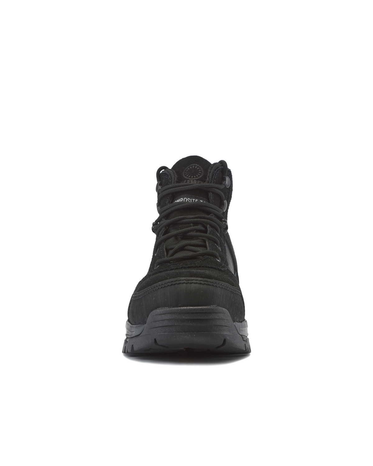 Black work boot from heel view with padded collar and thick shock-absorbing sole