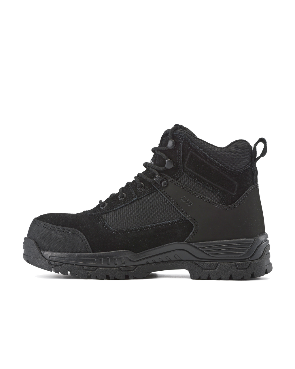 Black work boot side view with lace-up front, padded collar, and textured sole tread