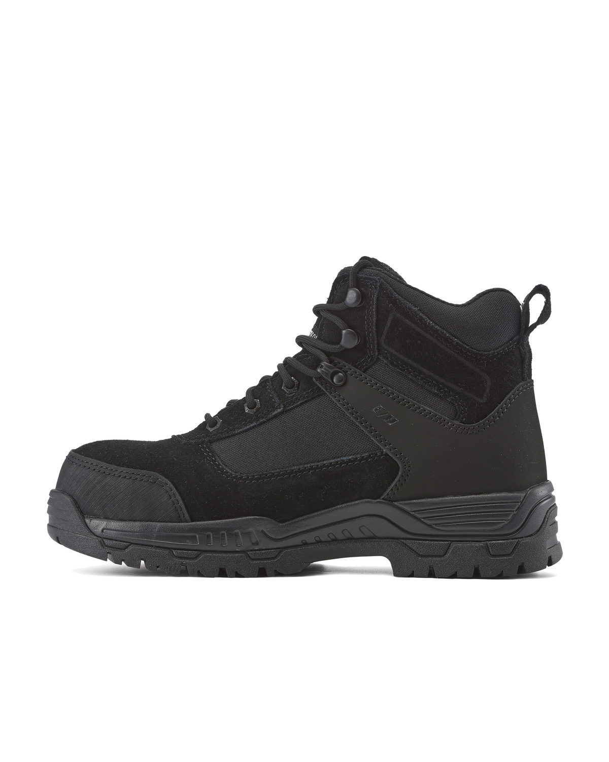 Black work boot side view with lace-up front, padded collar, and textured sole tread