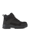 Black lace-up work boot with side panel, padded collar, and thick slip-resistant sole