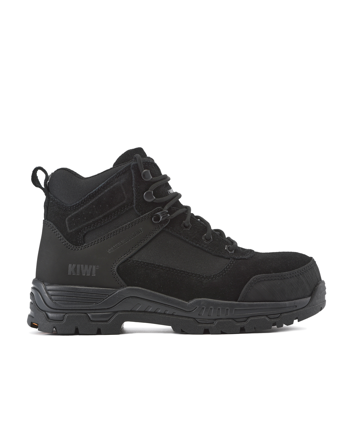 Black lace-up work boot with side panel, padded collar, and thick slip-resistant sole