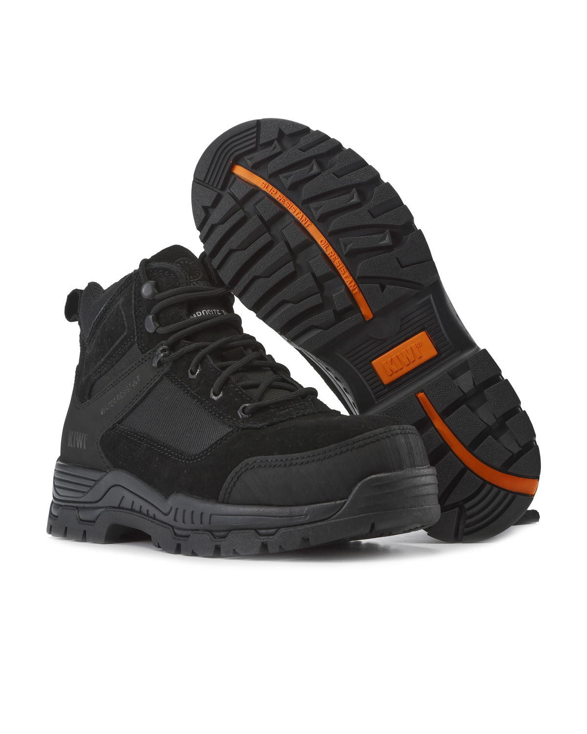 Black suede work boots with lace-up closure and rugged lug sole, orange side stripe