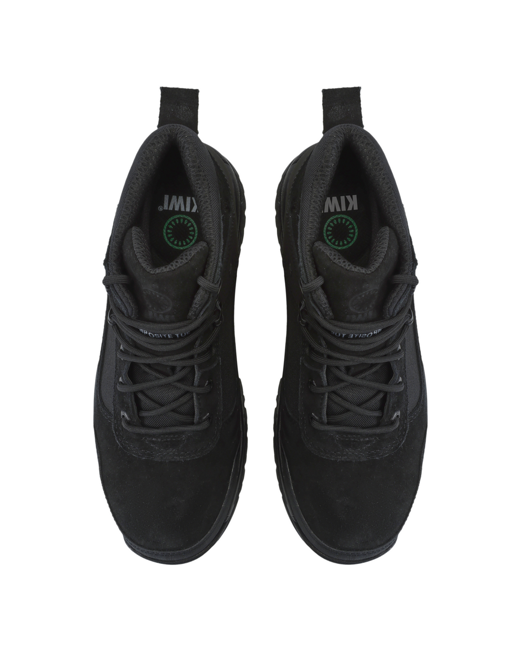 Black work boots pair view with padded collar, lace-up eyelets, logo on tongue