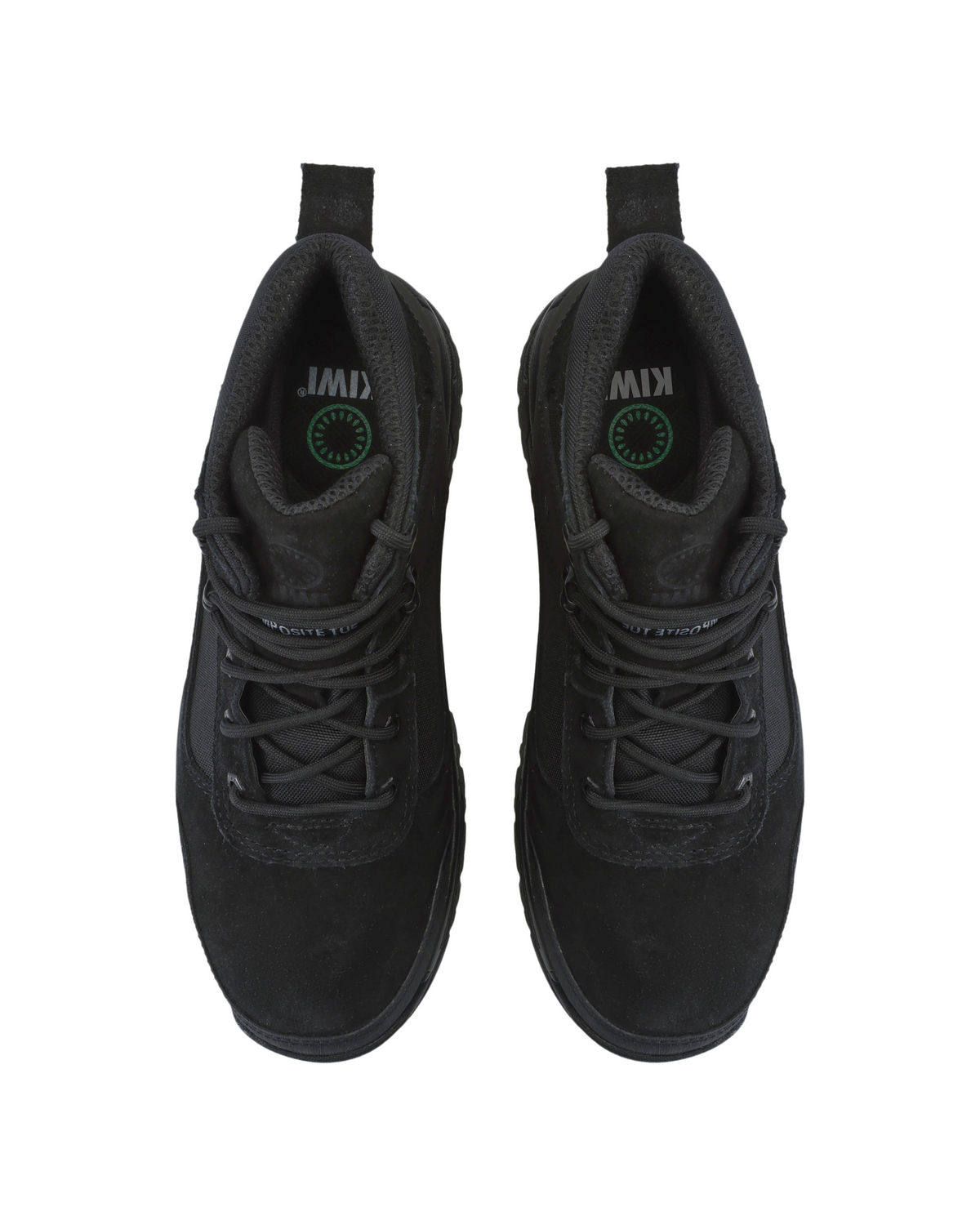 Black work boots pair view with padded collar, lace-up eyelets, logo on tongue