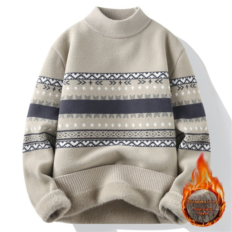 Men's mock-neck knit sweater, light beige with navy and white Fair Isle stripes