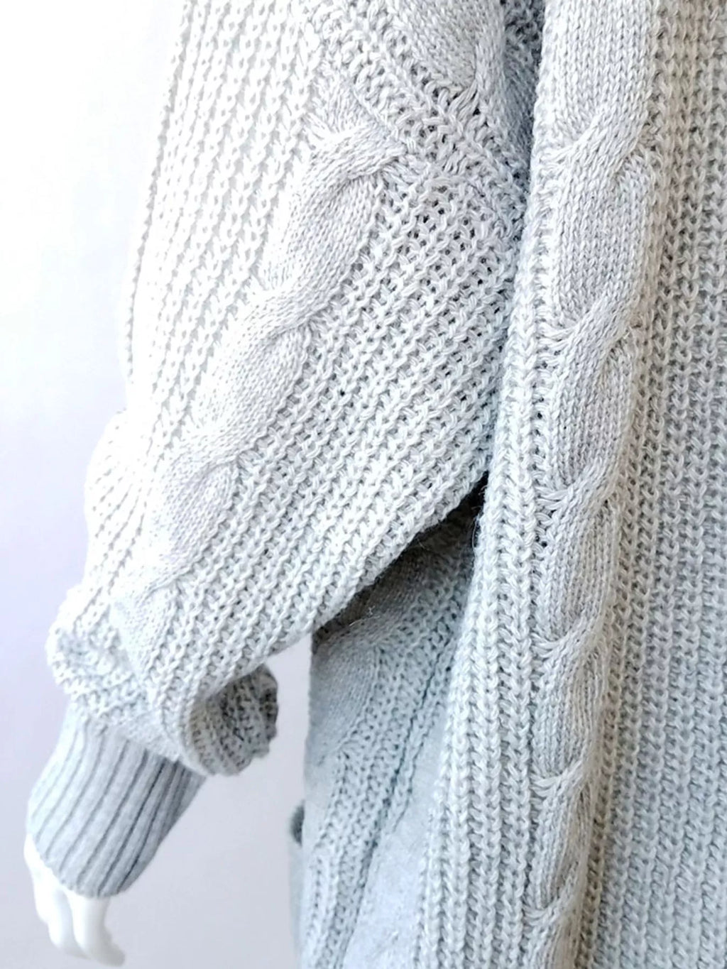 Plus-size chunky knit open-front cardigan, light gray cable sleeves and ribbed hem.