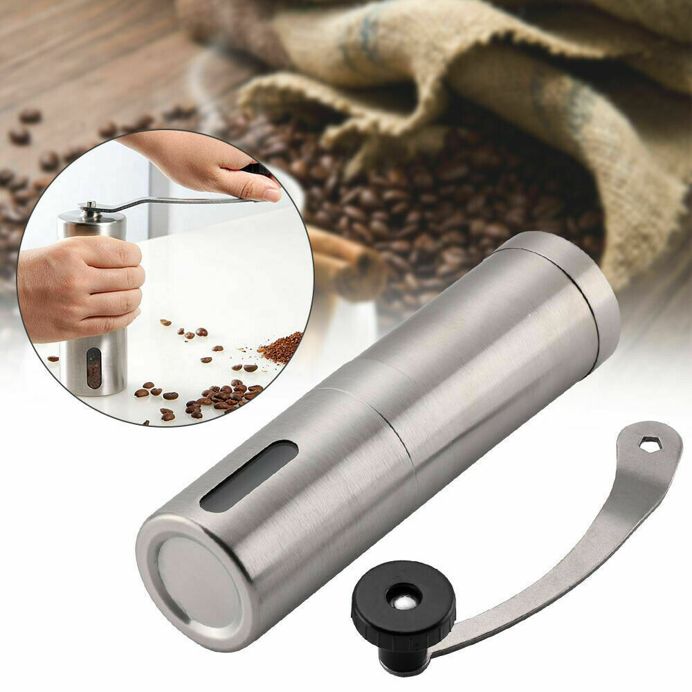 Portable stainless steel manual coffee grinder cylinder with adjustment handle and knob