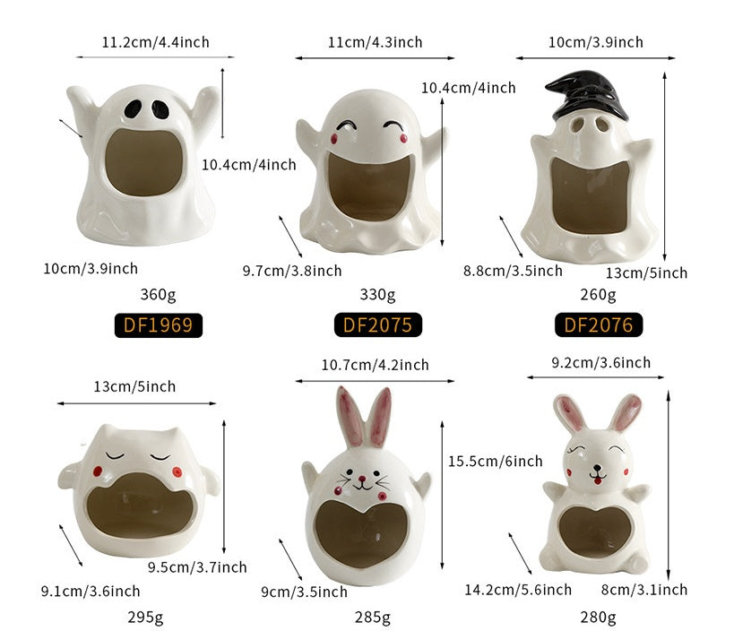 Ceramic ghost and rabbit candle ornament size chart with dimensions and weights