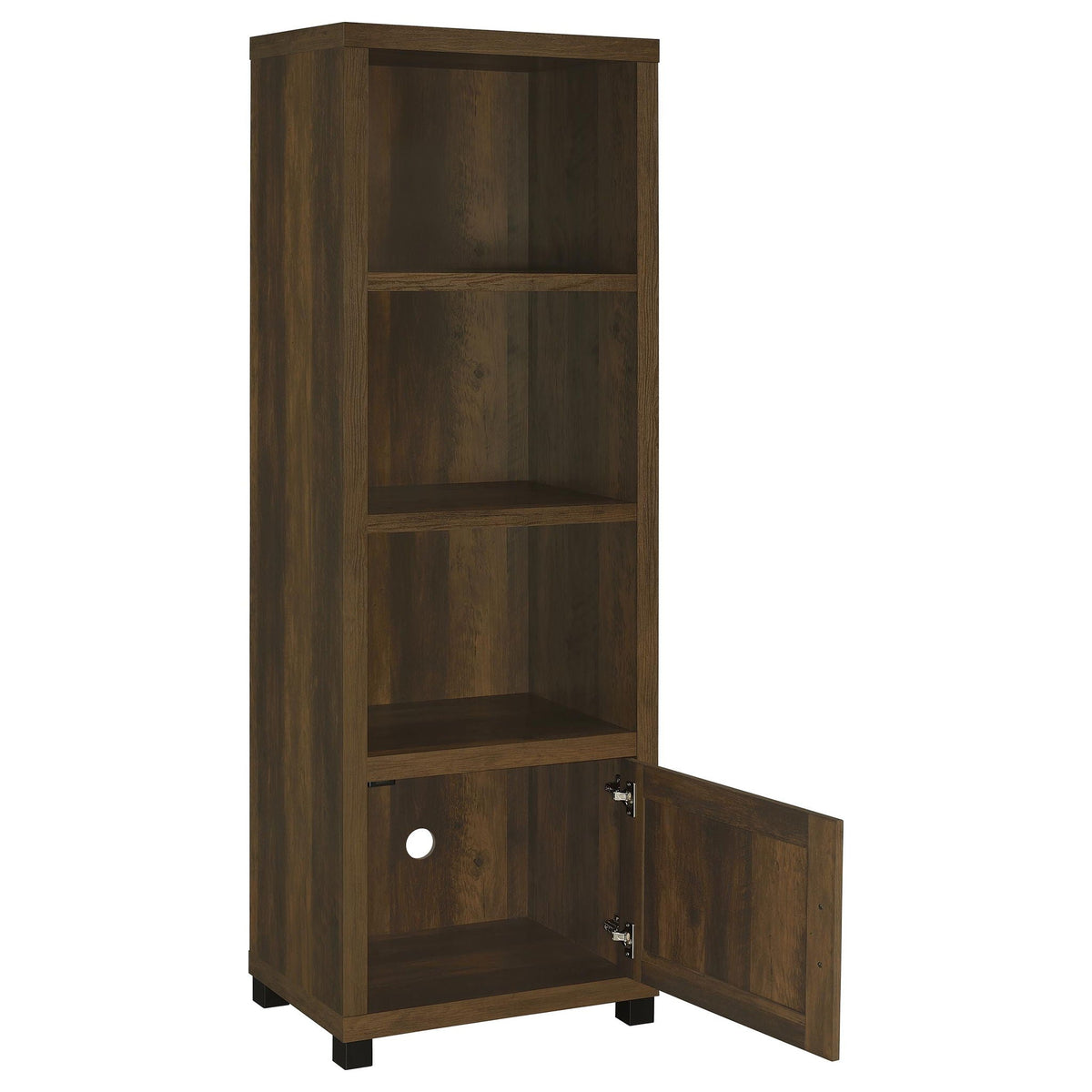 Dark pine media tower with hinged open door revealing inner storage