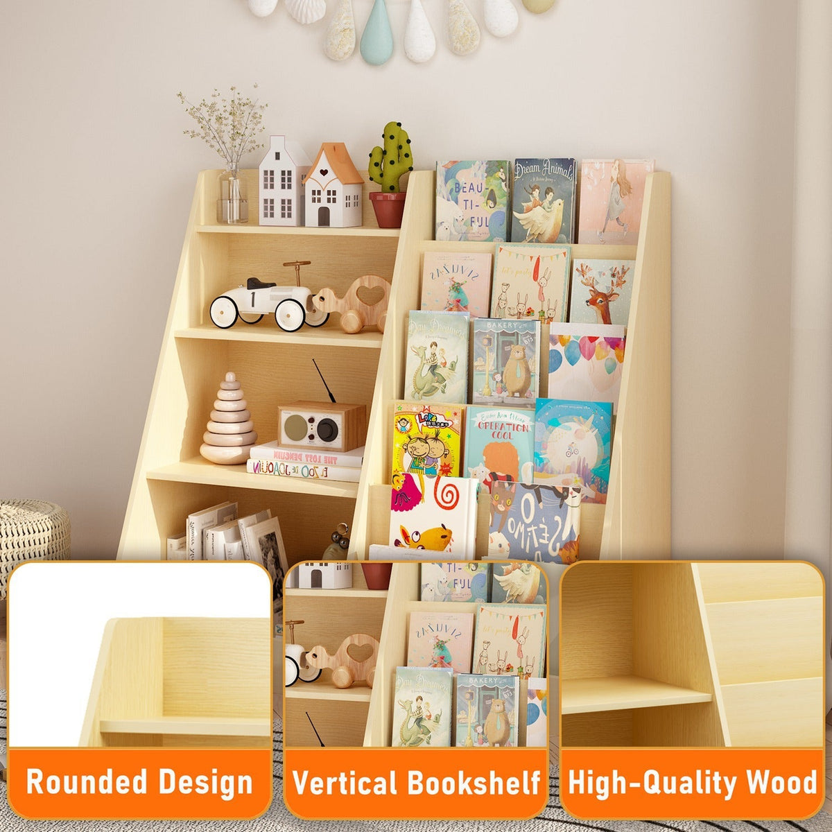 Light wood kids bookshelf organizer with book display shelves and toy cubbies