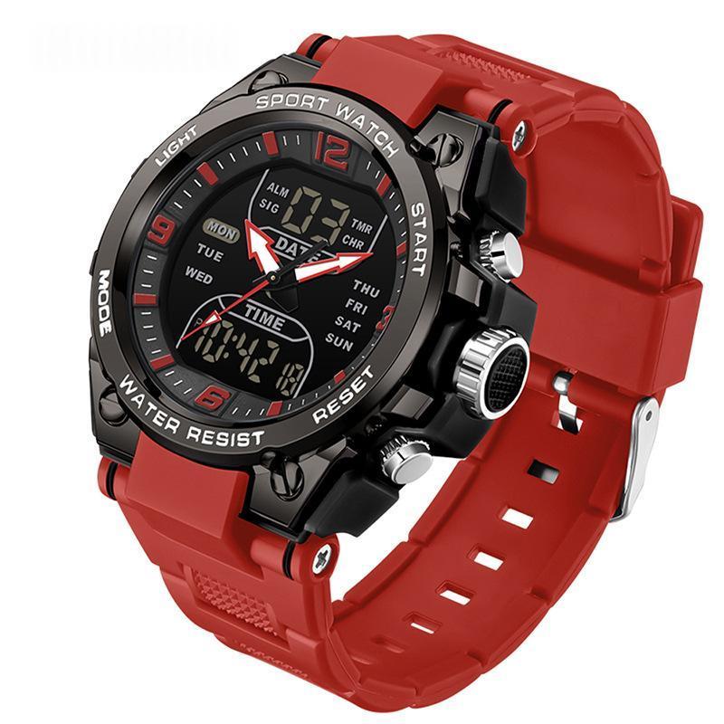 Waterproof dual-display sport watch, red silicone strap with black dial and silver case