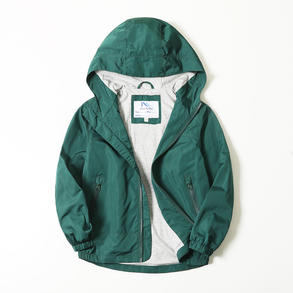 Kids green hooded jacket with full zipper, pockets, and gray inner lining
