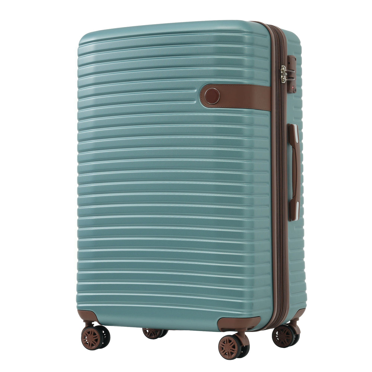 Light teal hard-shell upright suitcase close-up with zipper edge and spinner wheels