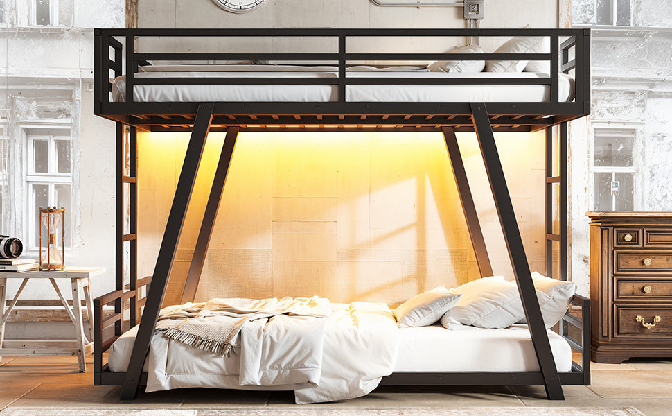 Black metal bunk bed with two mattresses, guardrails and built-in LED lighting