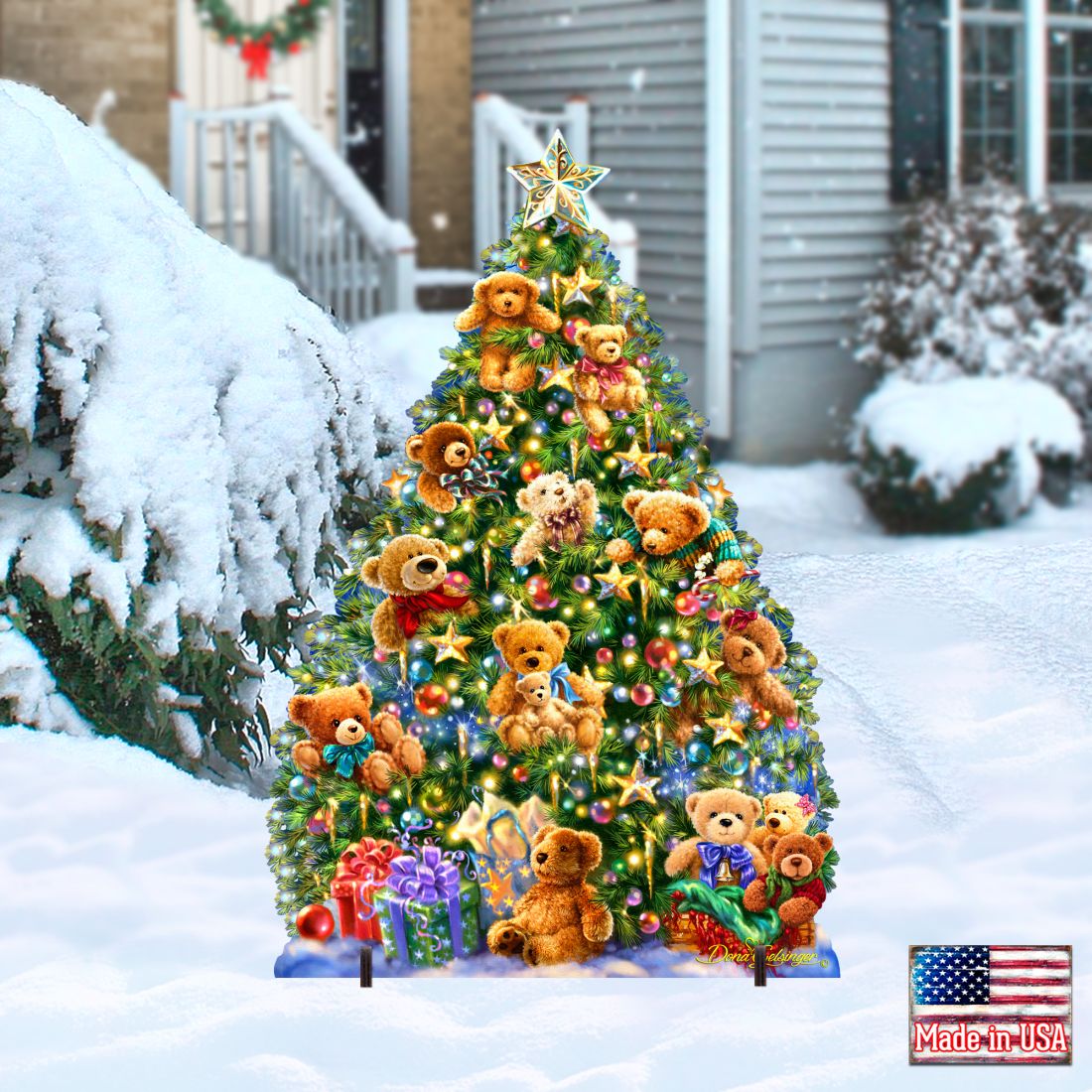 Outdoor yard sign shaped like a teddy bear Christmas tree with star topper and gifts in snow