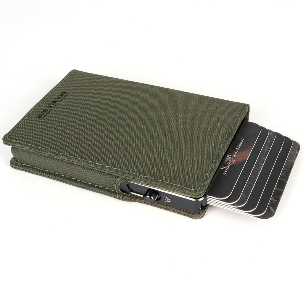 Olive green bifold wallet with snap closure and striped card holder
