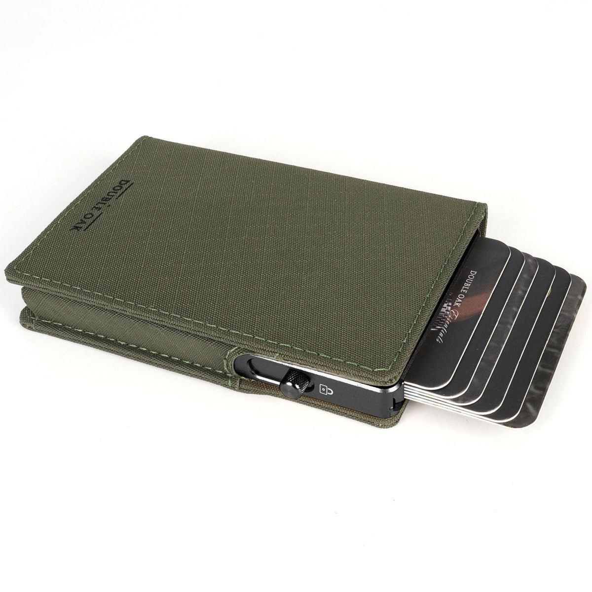 Olive green bifold wallet with snap closure and striped card holder