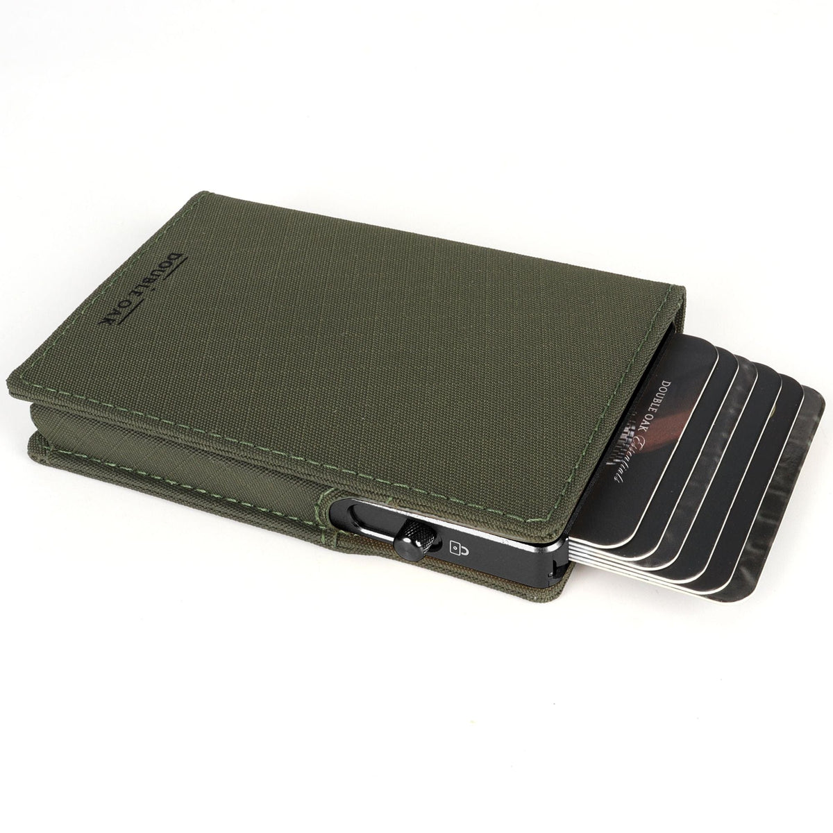 Olive green bifold wallet with stitched flap, card slots, and black clasp