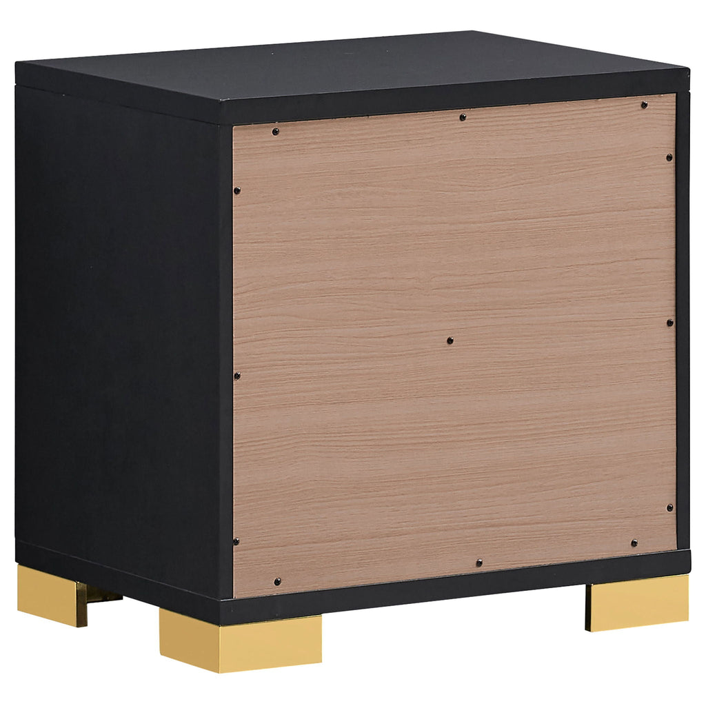Black nightstand with light wood drawer front panel and four corner metal screws