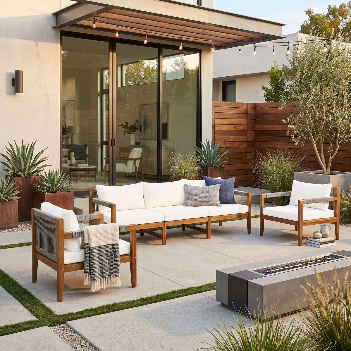 Beige outdoor sectional sofa set with acacia wood arms and removable seat cushions