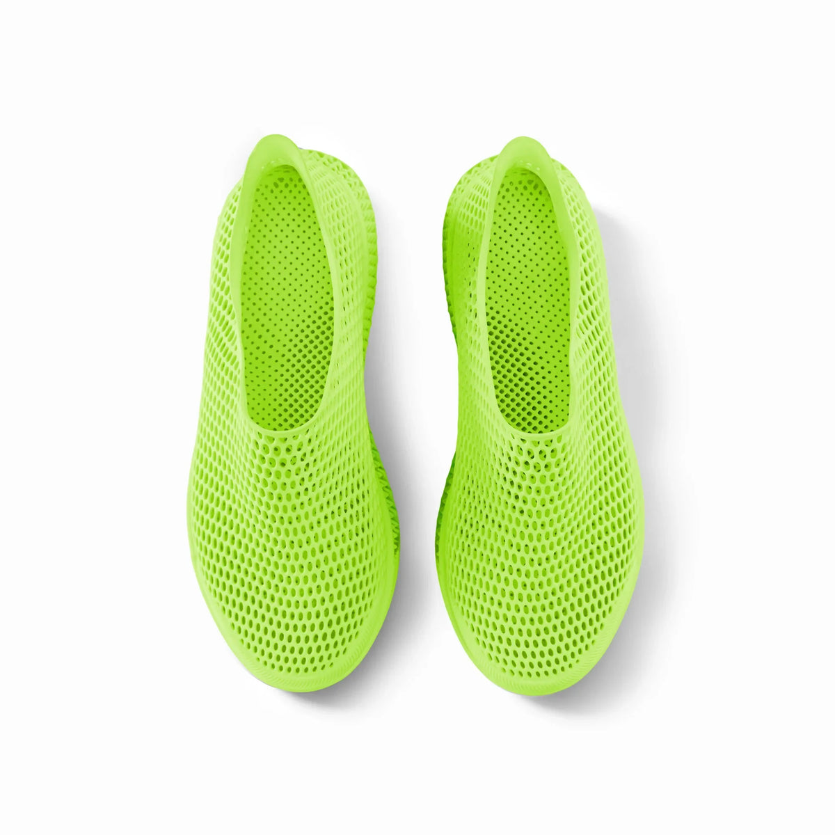 Neon green 3D-printed casual sneakers top view showing perforated mesh upper