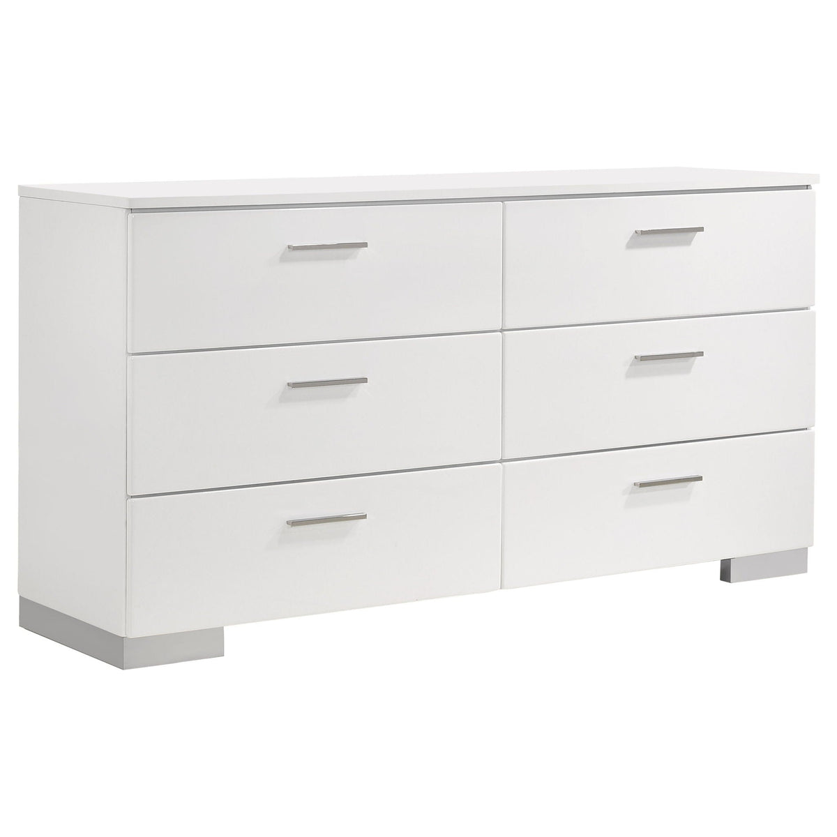 White high-gloss dresser with six drawers and metal bar pulls
