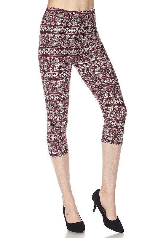 One-size elephant print capri leggings, maroon with white pattern, cropped fit