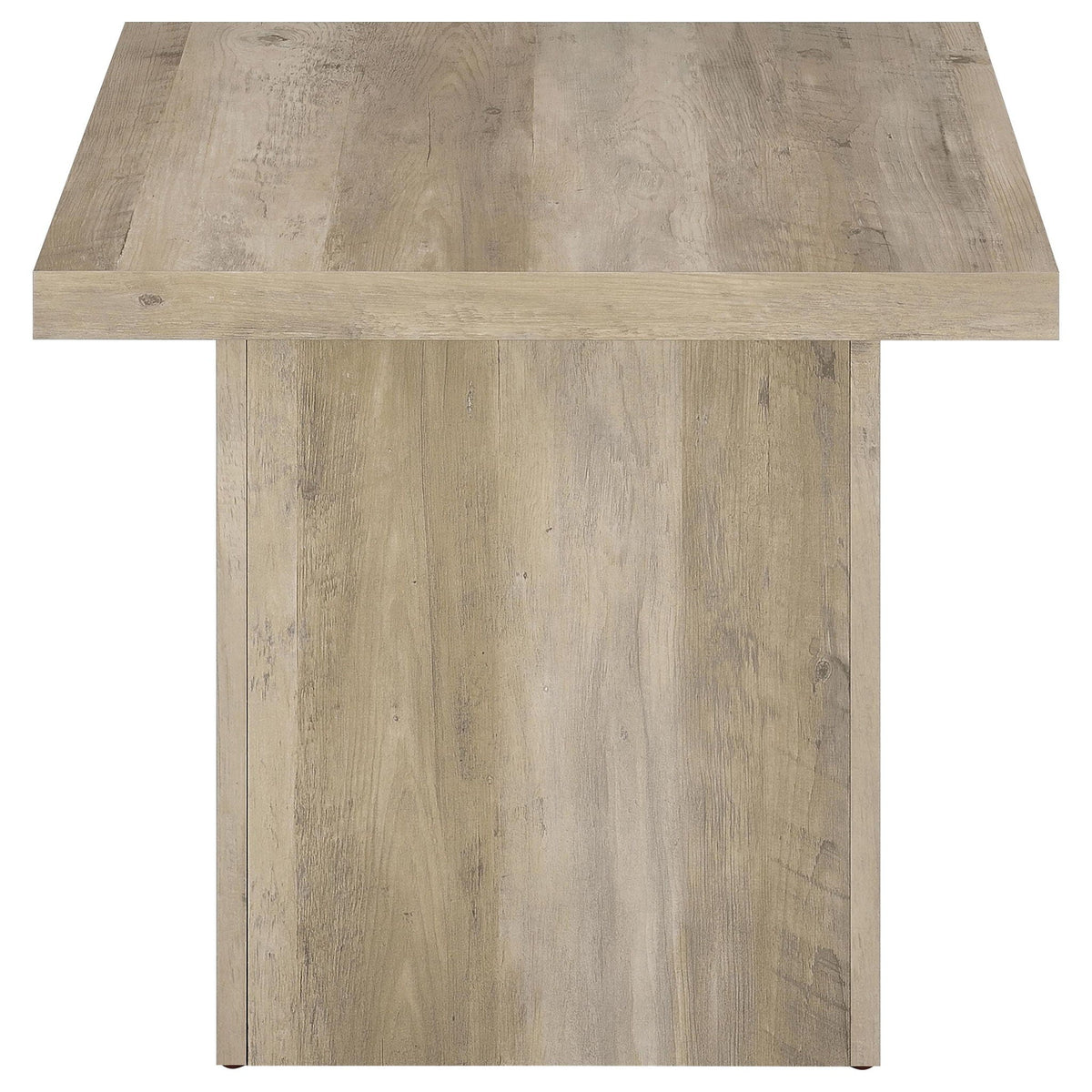 Square distressed light pine engineered wood end table front with wood-grain texture