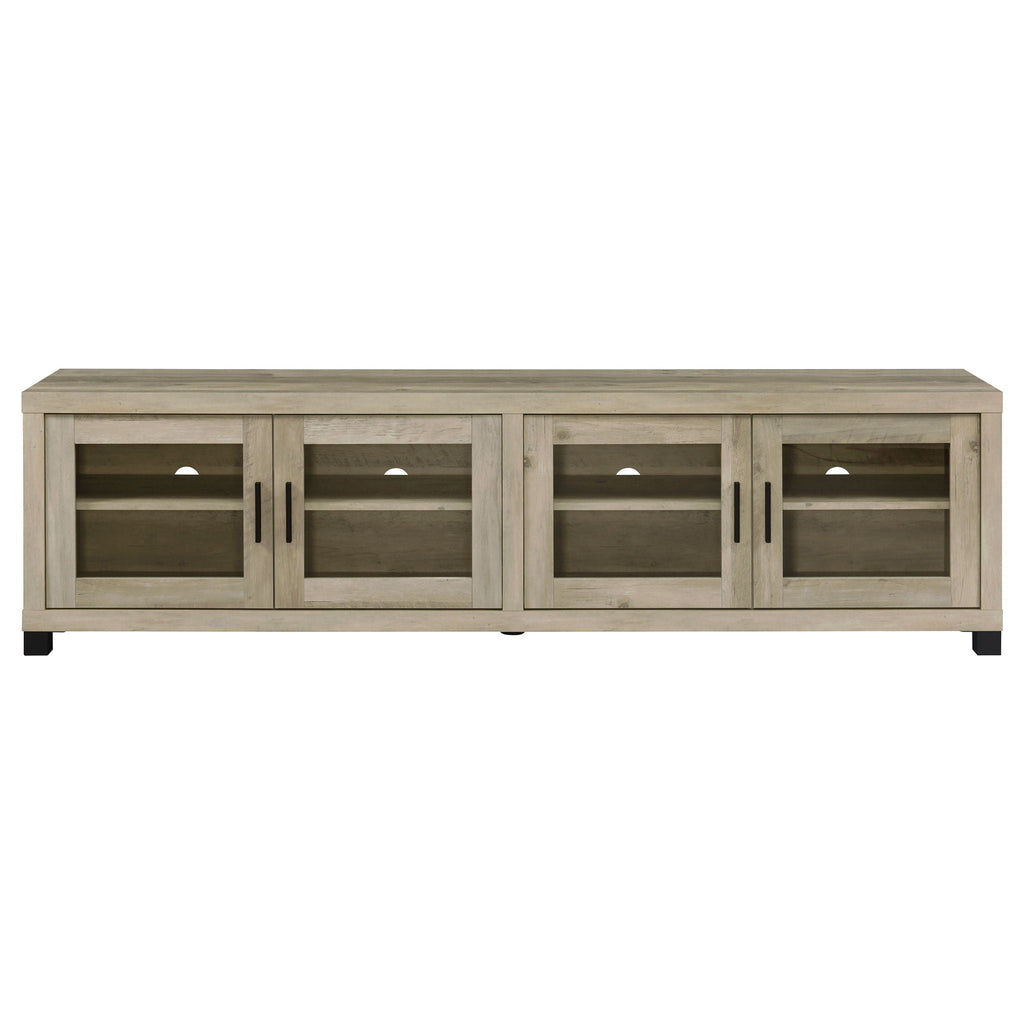 Distressed pine TV stand with four glass-paneled doors and black feet