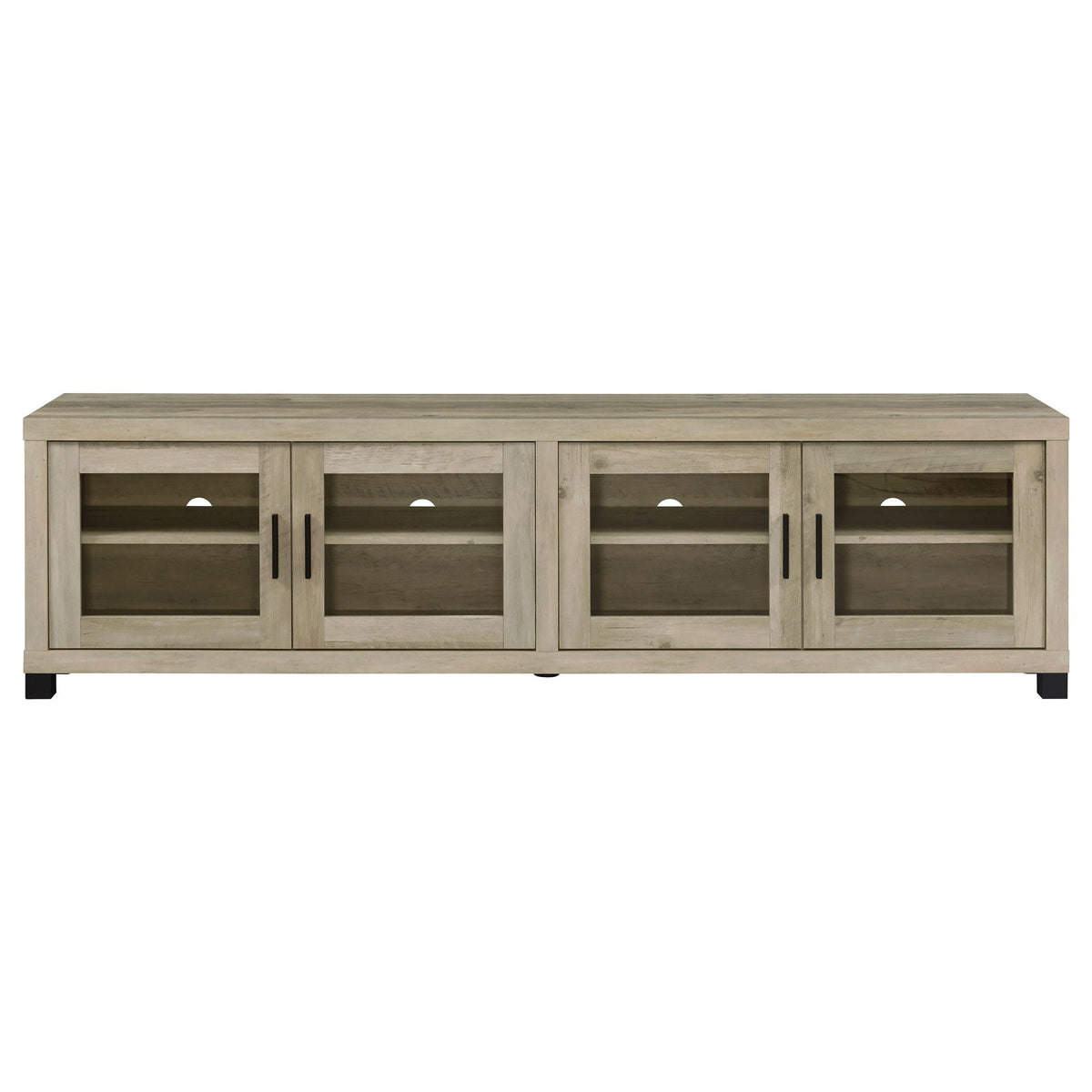 Distressed pine TV stand with four glass-paneled doors and black feet