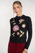 Black crew neck sweater with pink floral embroidery and long sleeves
