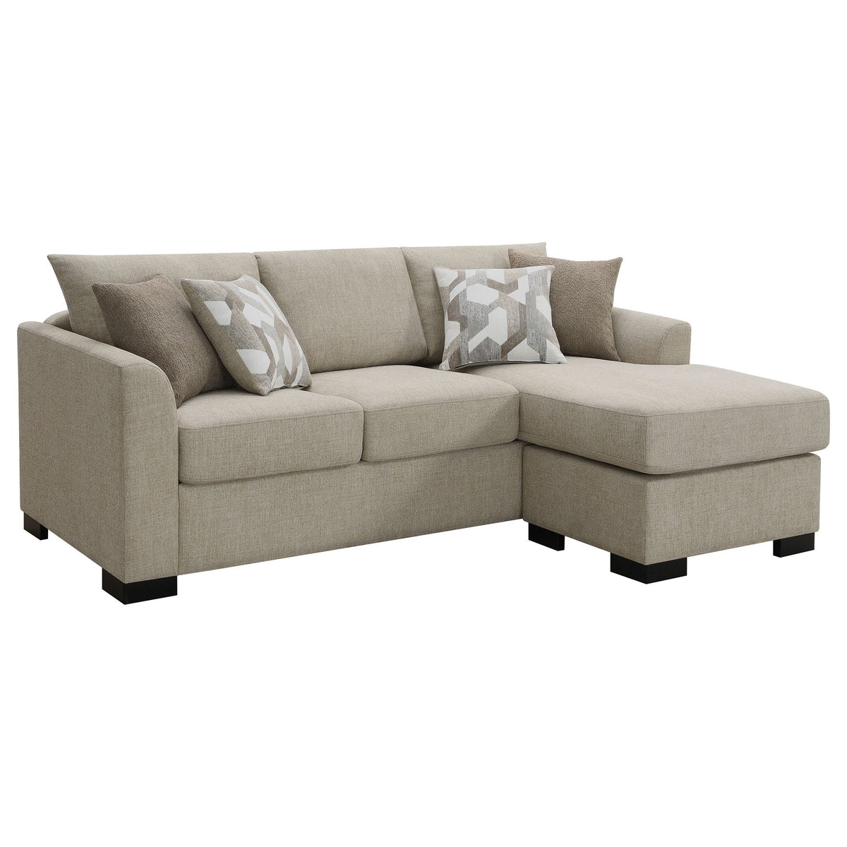 Camel upholstered sectional chaise sofa with square arms, three seat cushions, dark legs.
