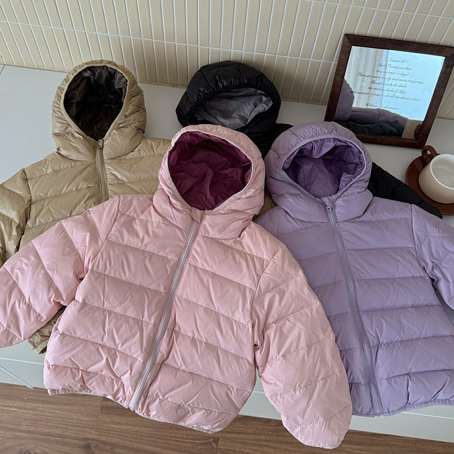 Kids' hooded puffer jacket set in pink and light purple, zip-front with padded hood