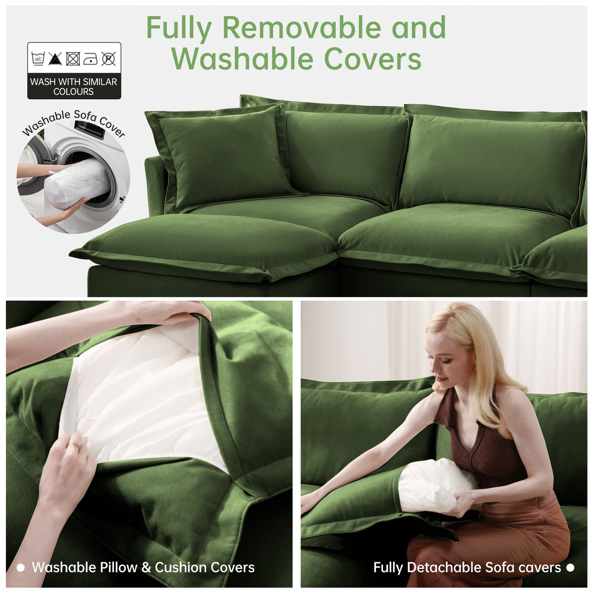Green sectional sofa with fully removable washable covers; person lifting cushion cover